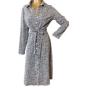 RIHOAS Long Sleeve Button Front Shirt Dress Sz M Blue & White Ditzy Floral #47Q